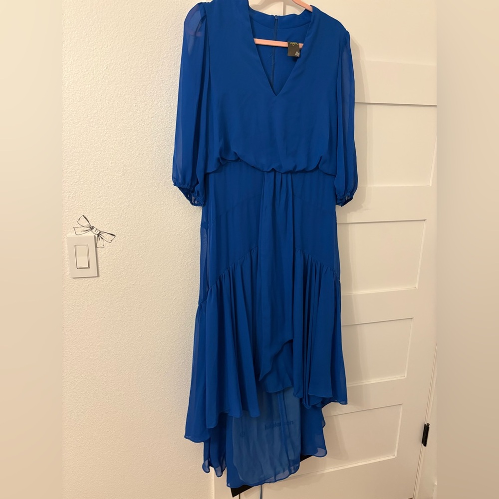 Blue V-Neck Sleeved High-Low Chiffon Dress